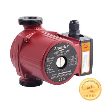 Насос циркуляційний 100Вт Hmax 6м Qmax 75л/хв Ø1½" 130мм + гайки Ø1" AQUATICA (774133) 774133 фото