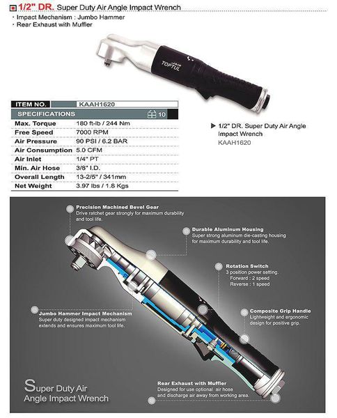 Пневмотрещетка усиленная 1/2" TOPTUL 244N/m 700об/мин KAAH1620 KAAH1620 фото