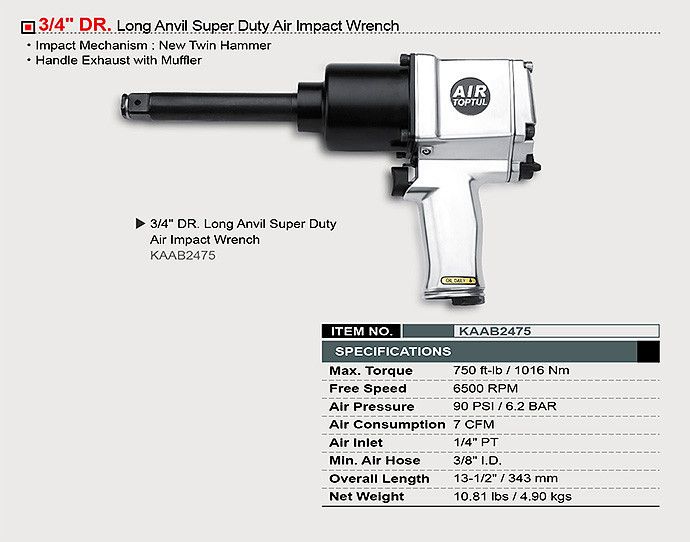 Пневмогайковерт TOPTUL 3/4" 1016N/m 6500 об/хв KAAB2475 KAAB2475 фото